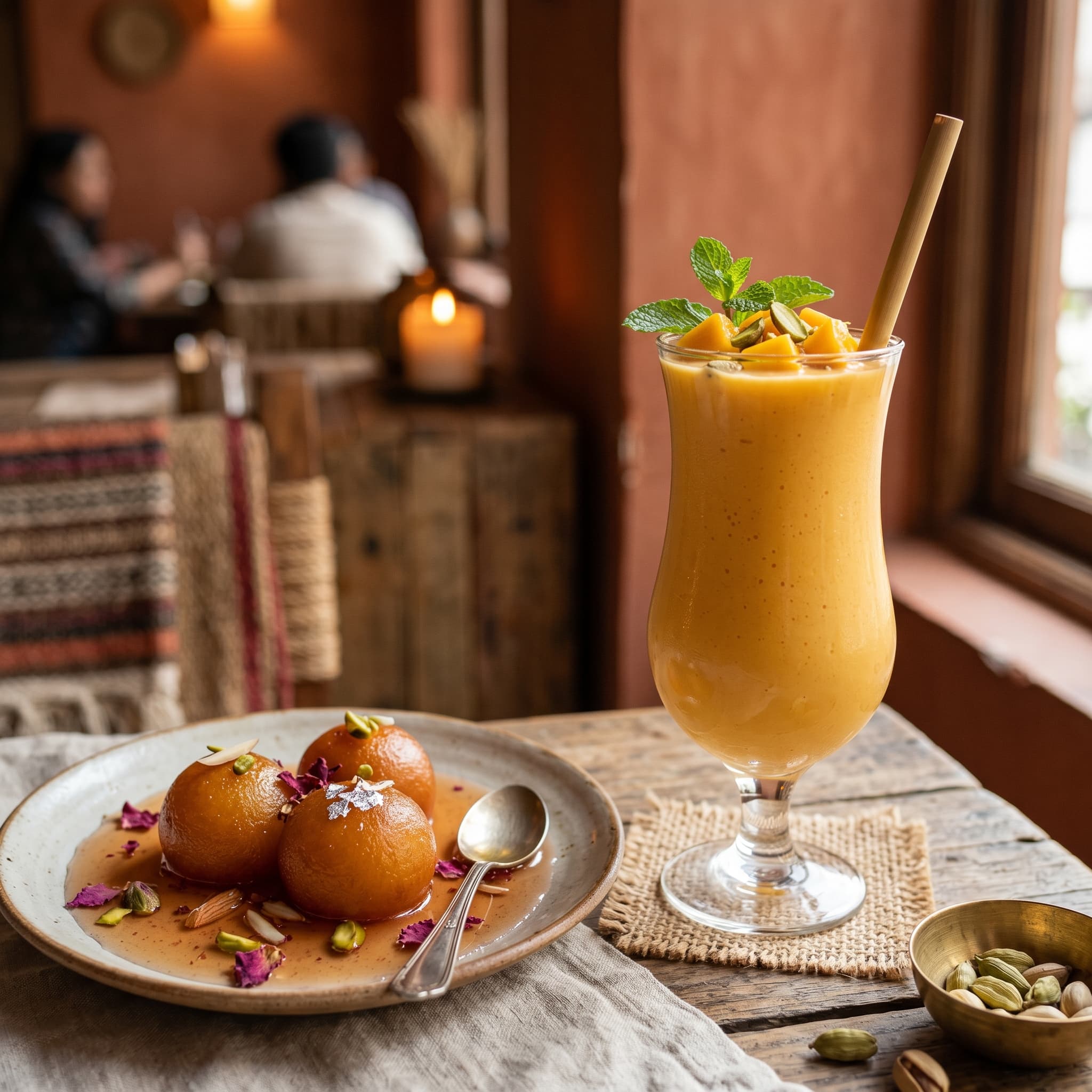Mango lassi and gulab jamun